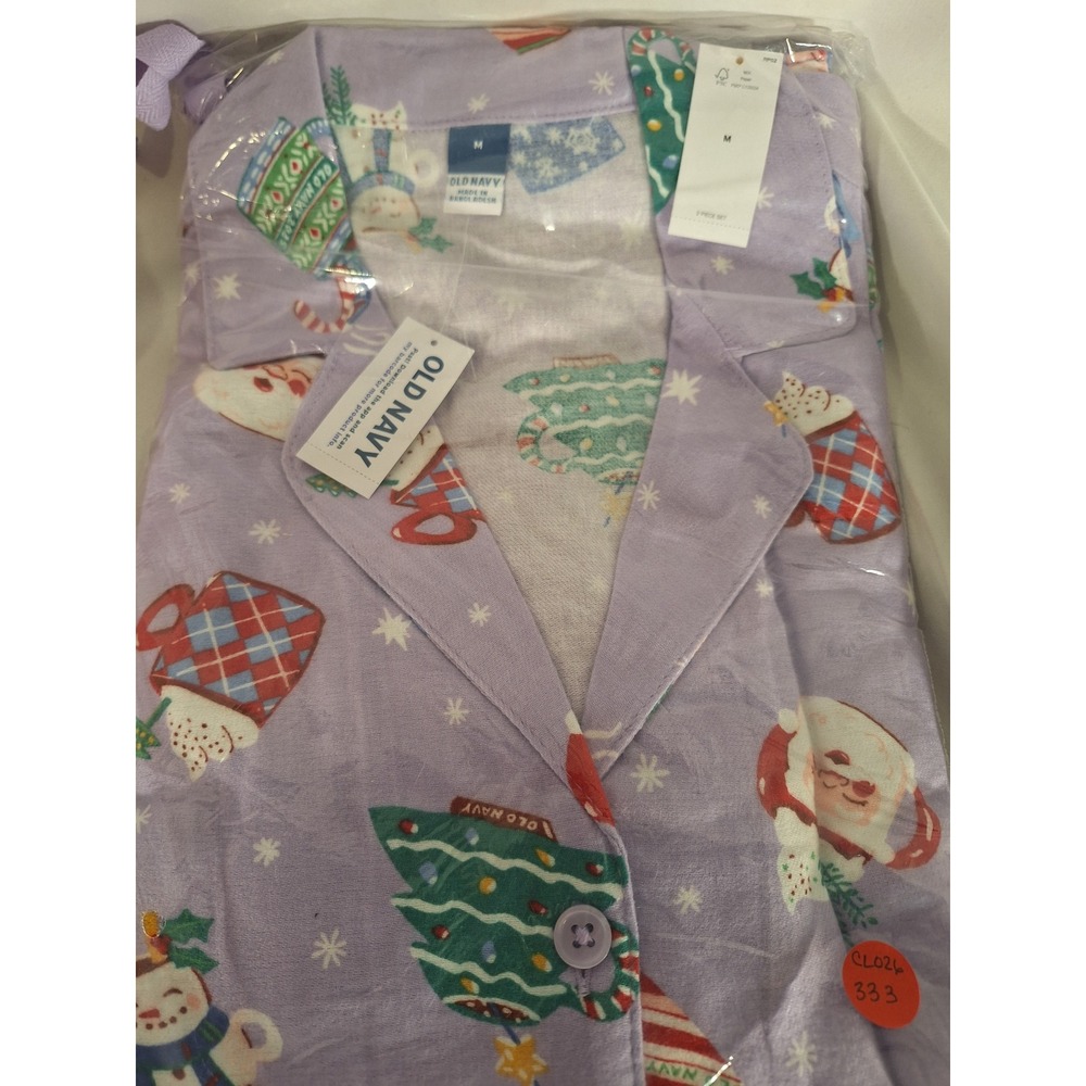 Old Navy Womens Flannel Pajama Set M Purple Christmas Santa Snowman 2 Piece NEW‎